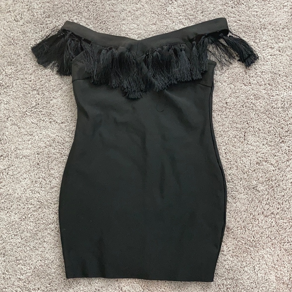 Black fringe off the shoulder dress